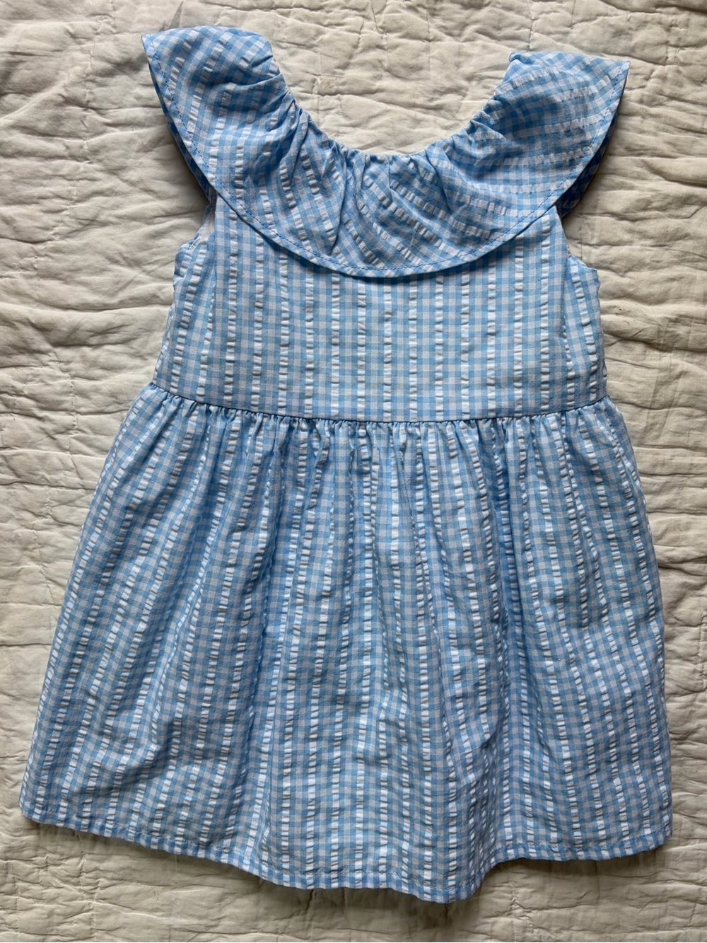Blue and White Seersucker Ruffle Dress